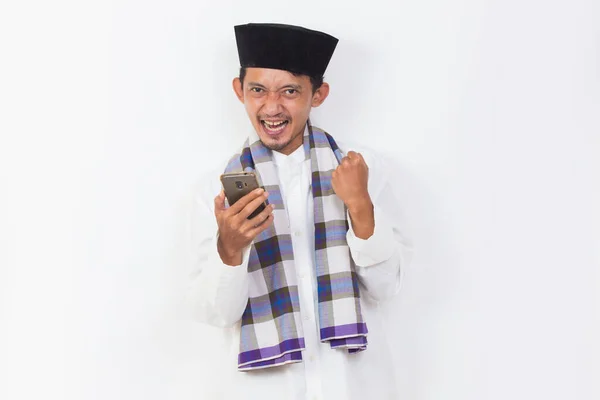 Happy Asian Muslim Man Portrait Using Mobile Phone Isolated White — Foto Stock