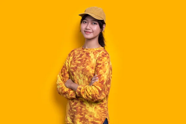 Portrait Cute Beautiful Young Asian Woman Isolated Yellow Background — Fotografia de Stock