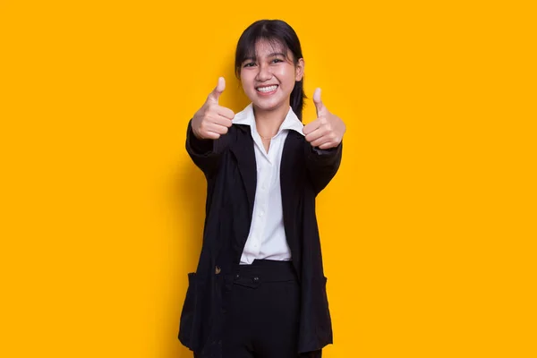 Young Asian Beautiful Woman Sign Gesture Tumb Isolated Yellow Background — Stok fotoğraf