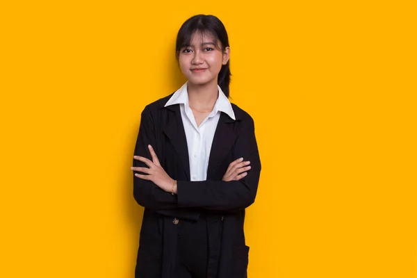 Portrait Business Young Asian Woman Isolated Yellow Background — Stock fotografie