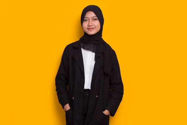 Portrait Young Asian Muslim Woman Head Scarf Isolated Yellow Background — Stockfoto