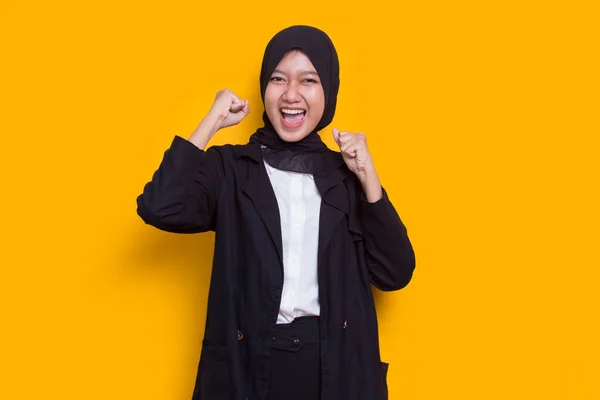 Asian Young Muslim Woman Happy Excited Celebrating Victory Expressing Big — Stok fotoğraf