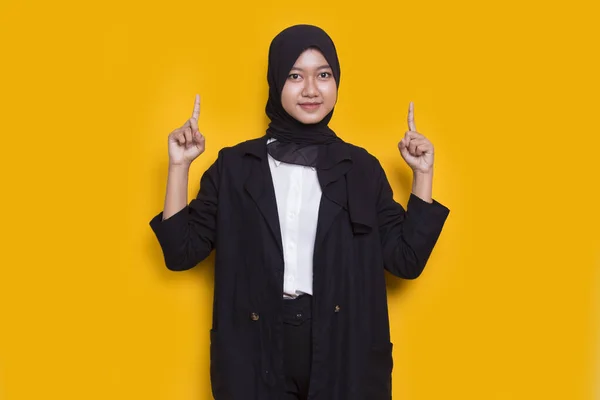 Happy Young Asian Muslim Woman Pointing Fingers Different Directions Isolated — Stockfoto