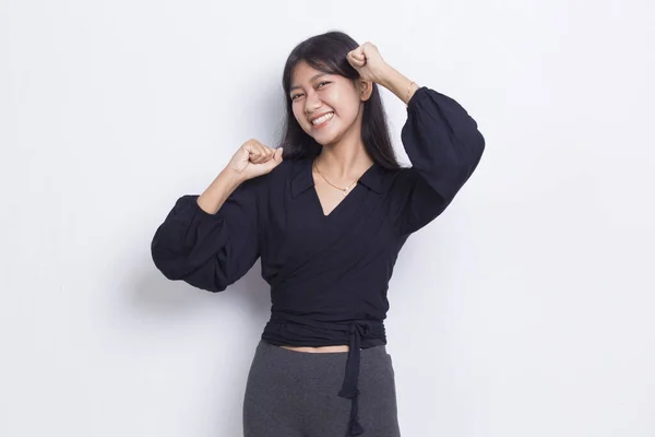 Hermosa Asiático Joven Mujer Feliz Emocionado Celebrando Victoria Expresando Gran —  Fotos de Stock