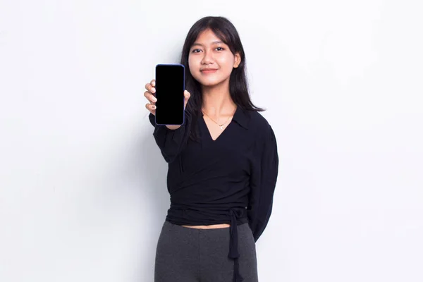 Young Beautiful Asian Cute Woman Demonstrating Mobile Cell Phone Isolated —  Fotos de Stock
