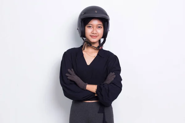 Portrait Beautiful Asian Woman Wearing Motorcycle Helmet White Background — Φωτογραφία Αρχείου