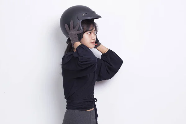 Portrait Beautiful Asian Woman Wearing Motorcycle Helmet White Background — Stok fotoğraf