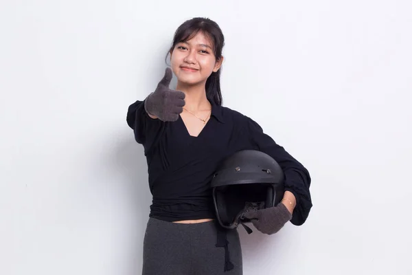 Beautiful Asian Woman Motorcycle Helmet Showing Thumbs Gesture White Background — Φωτογραφία Αρχείου