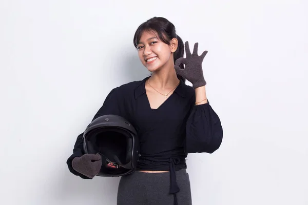 Beautiful Asian Woman Motorcycle Helmet Showing Thumbs Gesture White Background —  Fotos de Stock