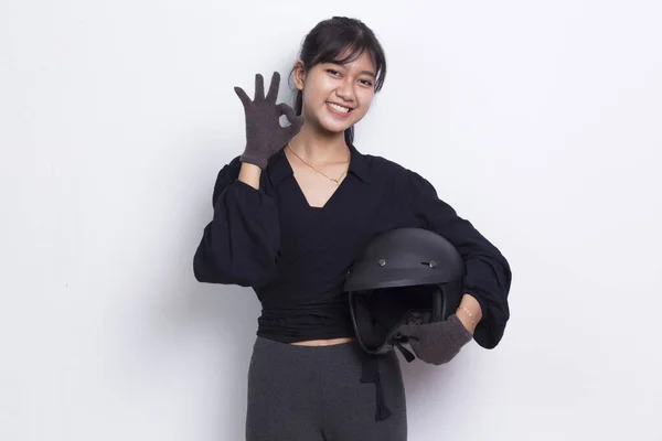 Beautiful Asian Woman Motorcycle Helmet Showing Thumbs Gesture White Background — стоковое фото