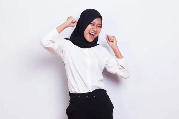 Asian Muslim Business Woman Happy Excited Celebrating Victory Expressing Big — ストック写真