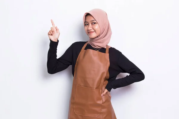 Asian Muslim Woman Barista Waitress Pointing Fingers Different Directions Isolated — Stock Photo, Image