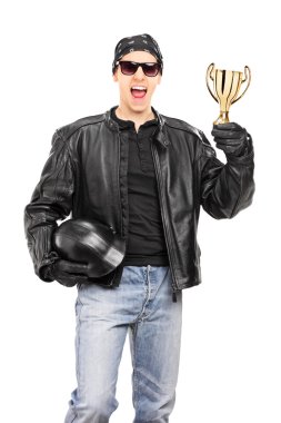 Motosiklet racer holding gold Kupası