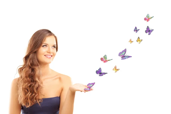 Female with butterflies — Stock Photo, Image