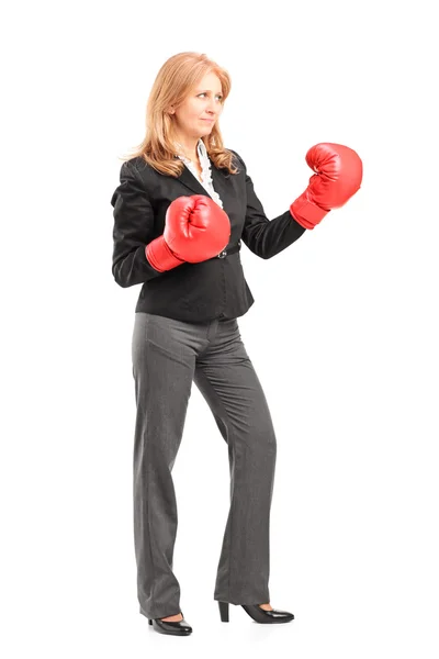 Zakenvrouw met bokshandschoenen — Stockfoto