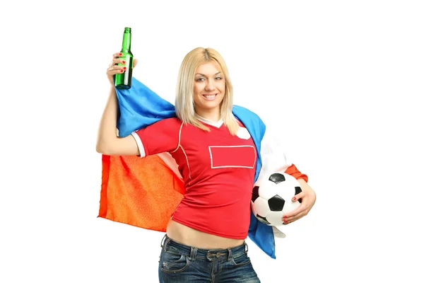 Female fan holding beer bottle — Stock Photo, Image