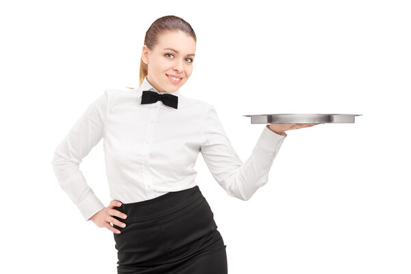 Waitress holding empty tray