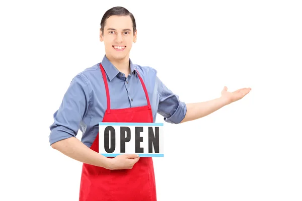 Man holding an open sign — Stock Photo, Image