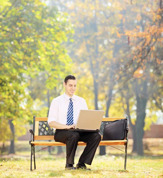 Uomo d'affari che lavora su laptop nel parco — Foto Stock