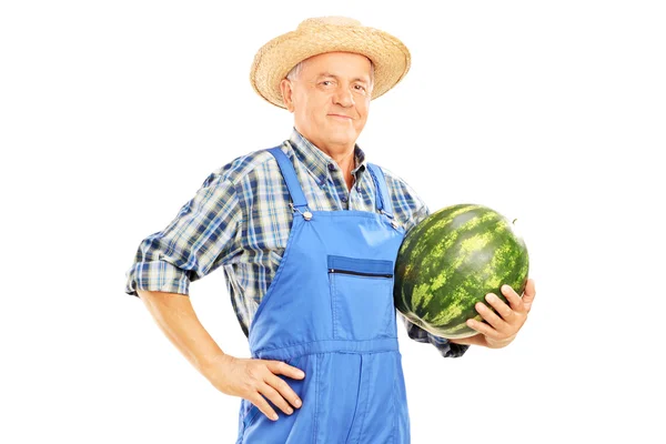 Agricultor sorridente segurando uma melancia — Fotografia de Stock