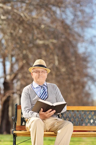 Senior lisant un livre dans le parc — Photo