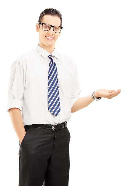 Smiling male gesturing with his hand — Stock Photo, Image