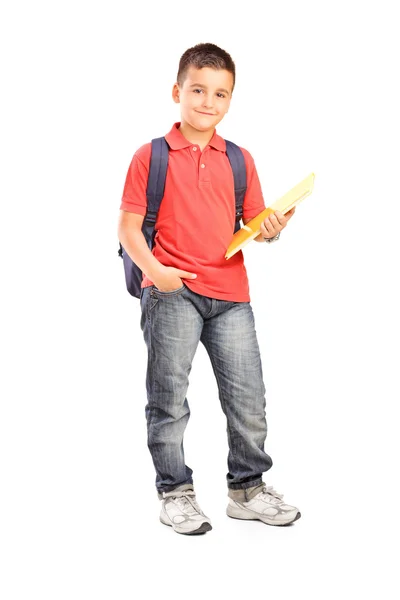 Schoolboy with backpack holding a note — Stock Photo, Image