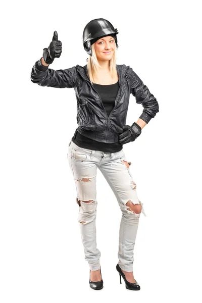 Female motorcycler giving thumb up — Stock Photo, Image