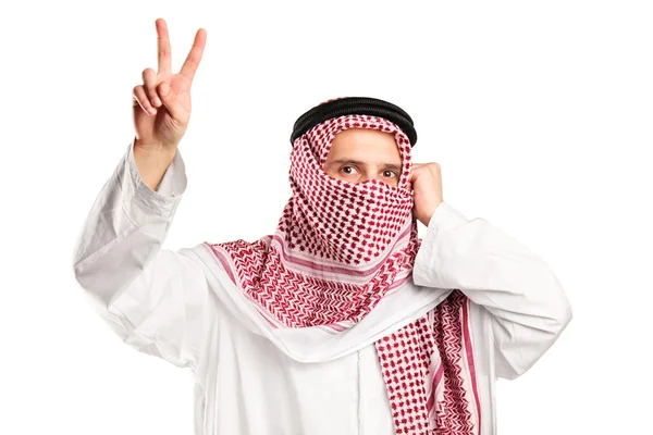 Arab man gesturing victory — Stock Photo, Image