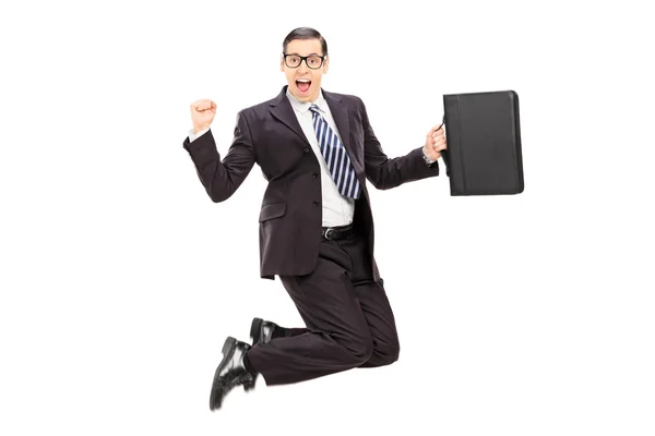Aufgeregter Geschäftsmann springt vor Freude — Stockfoto