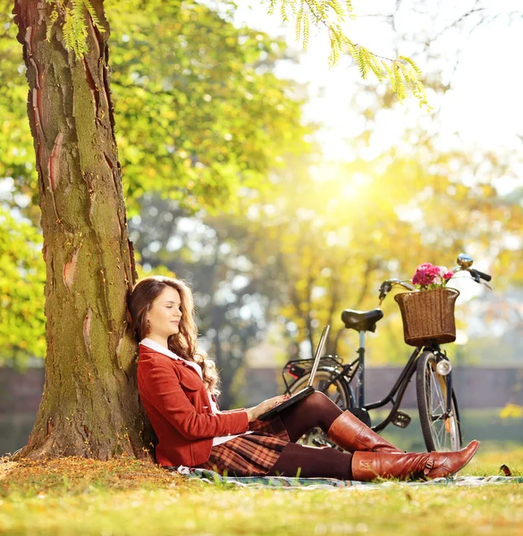 Junge Frau arbeitet an einem Laptop — Stockfoto