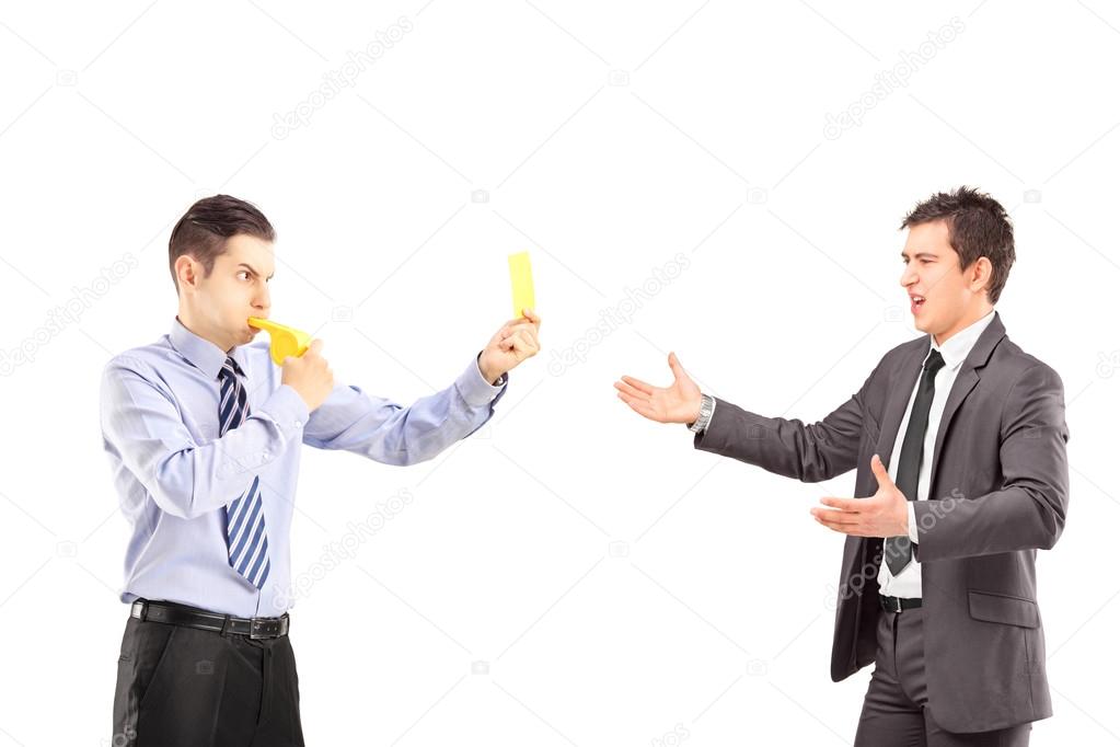 Guy showing yellow card to businessman