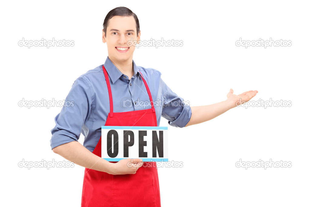 Man holding an open sign
