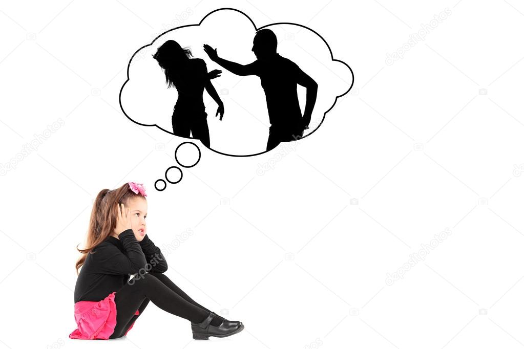 Illustration of traumatized girl recalling parents