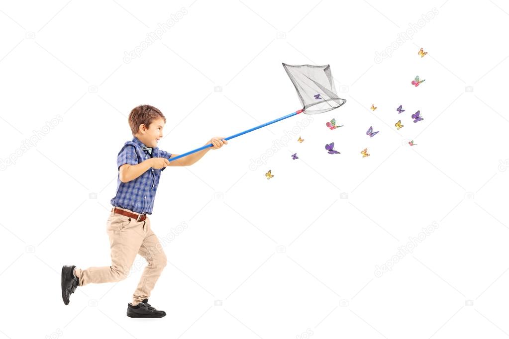 Kid catching butterflies with net — Stock Photo © ljsphotography 45858663