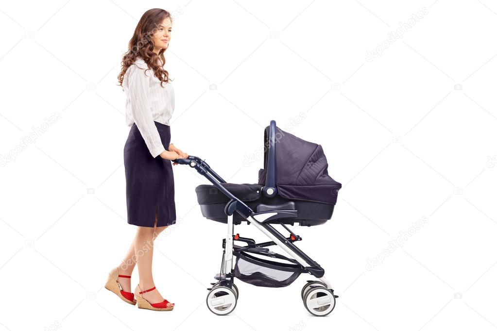 Mother pushing baby stroller
