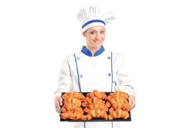 Bayan baker pişmiş kruvasanlar holding여자 베이커 구운된 크로 상 개최