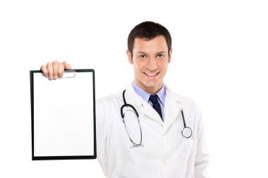 Doktor holding beyaz boş kartı
