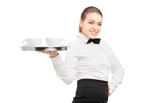 Waitress holding tray with coffee — Stock Photo, Image