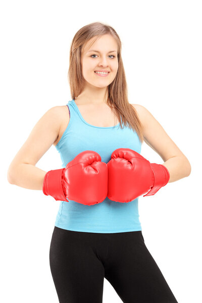 Female athlete wearing boxing gloves