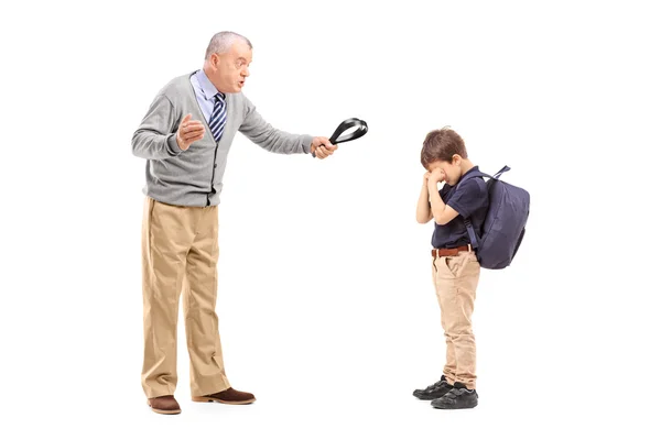 Angry grandfather holding belt — Stock Photo, Image