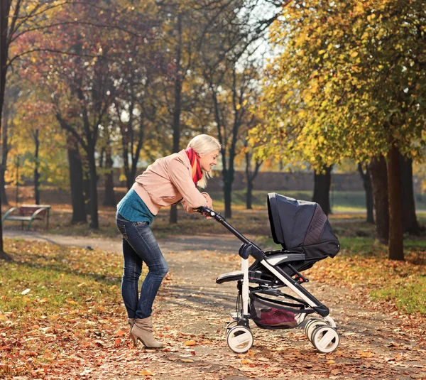 Moeder kind in de wandelwagen kijken — Stockfoto