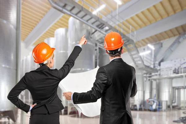 Arquitectos sosteniendo planos y mirando — Foto de Stock