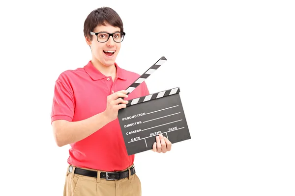 Man holding movie clap — Stock Photo, Image