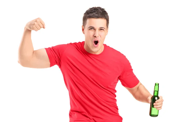 Fan holding beer and cheering — Stock Photo, Image