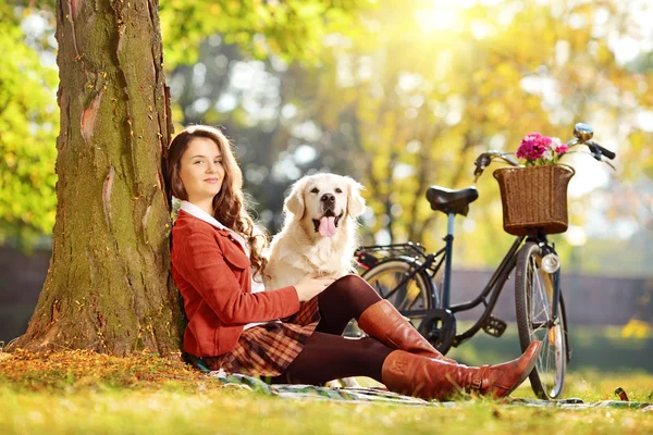 Žena na trávě se psem — Stock fotografie