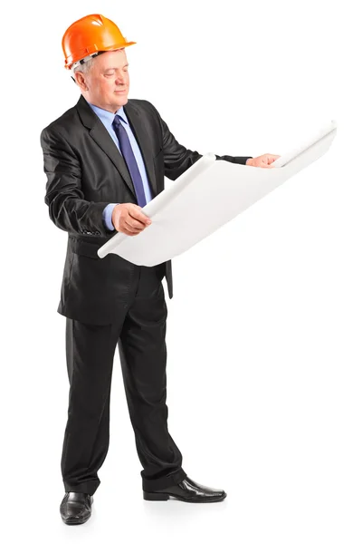 Construction worker holding blueprint — Stock Photo, Image