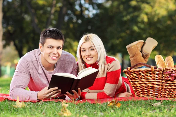 Pár čtení knihy během pikniku — Stock fotografie