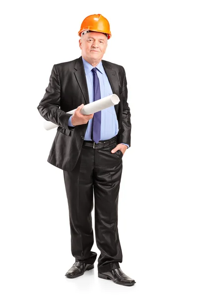 Construction worker holding blueprints — Stock Photo, Image