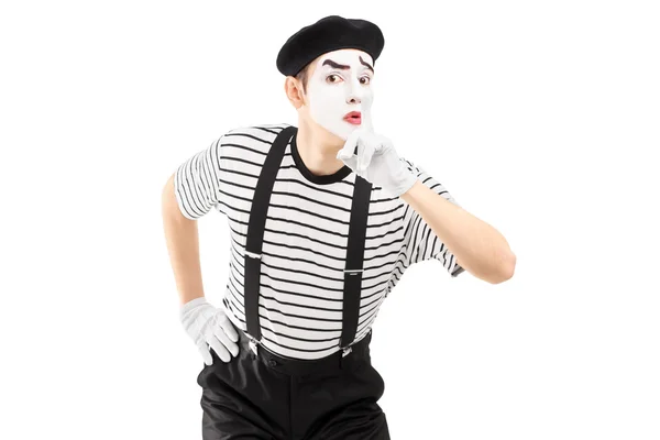 Mime artist gesturing silence — Stock Photo, Image